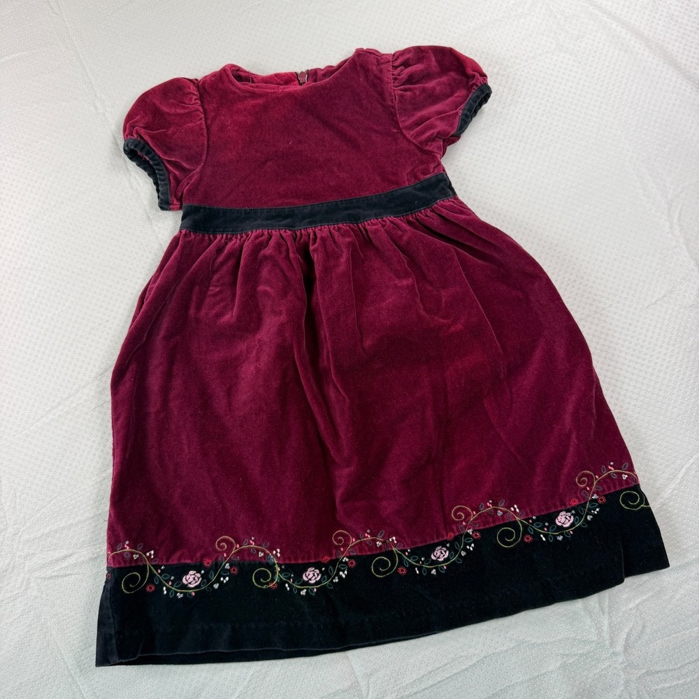 Gymboree Vintage Maroon Burgundy Velvet Floral Embroidered Holiday Dress Girls 3